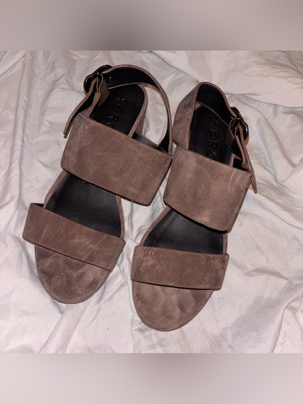 Wide-Strap Suede Sandals in Taupe with Ankle Buckle
